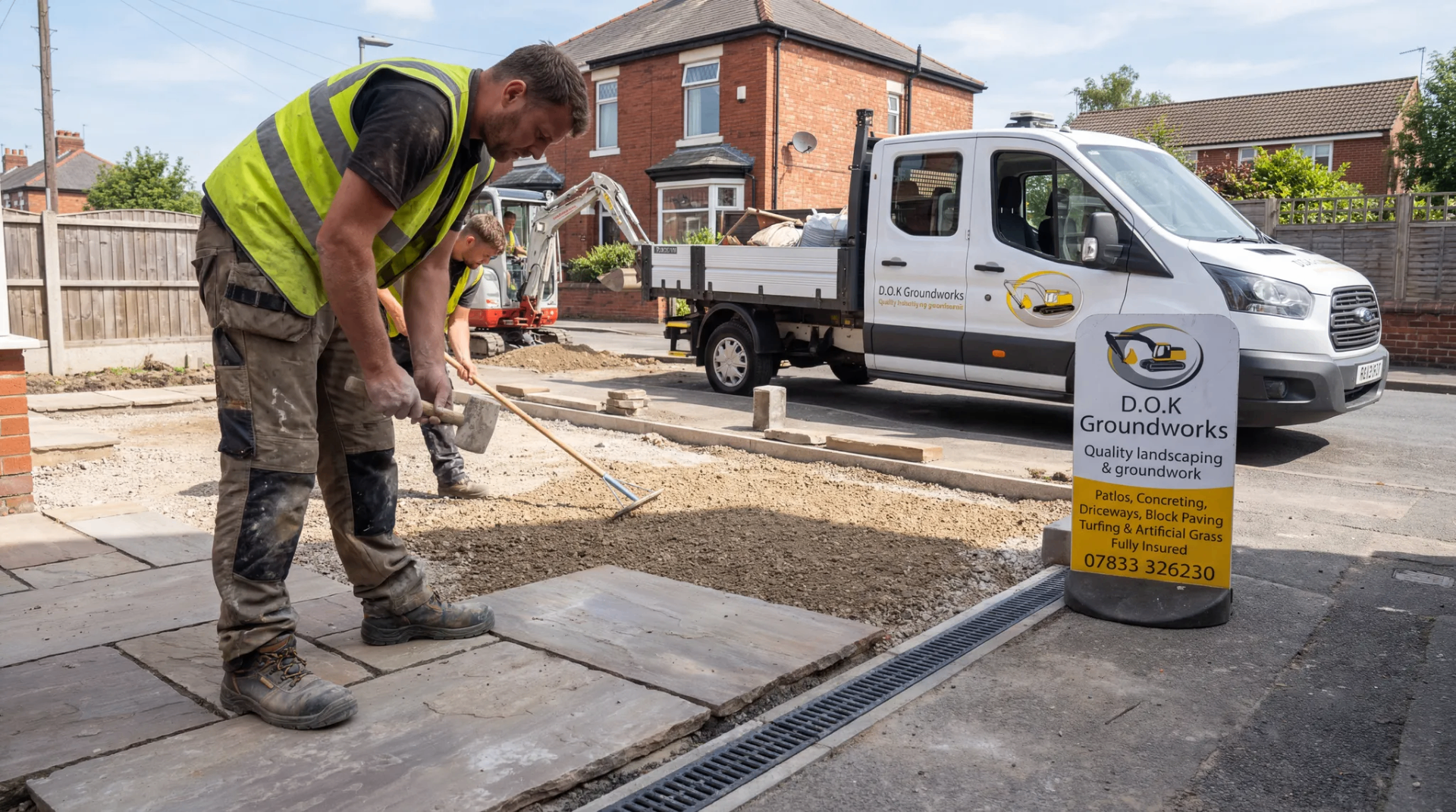 D.O.K Groundworks crew laying patio slabs and drainage on a domestic project