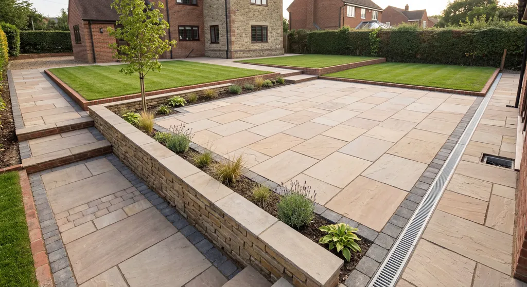 D.O.K Groundworks completed patio and landscaping project with sandstone paving, retaining walls and planted borders